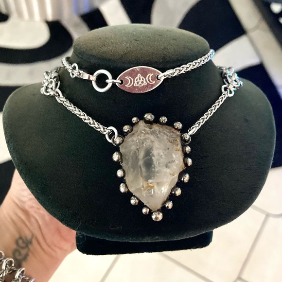 Smokey herkimer diamond crystal quartz stainless steel maille handmade necklace - Picture 6 of 11